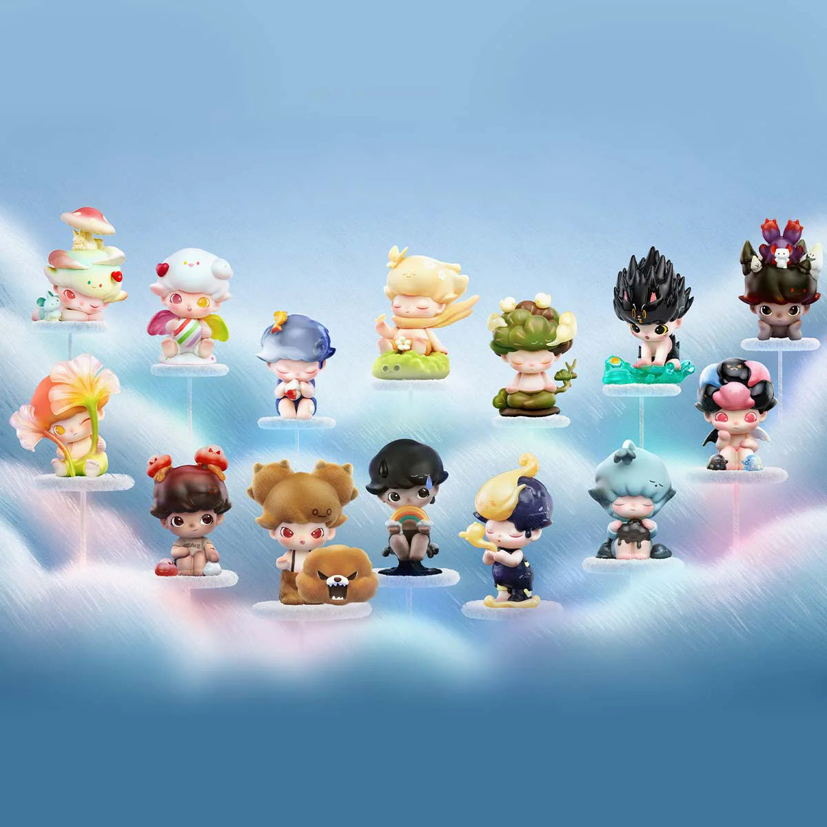 Cover photo of all the dimoo by your side series figures against a grey cloudy sky background